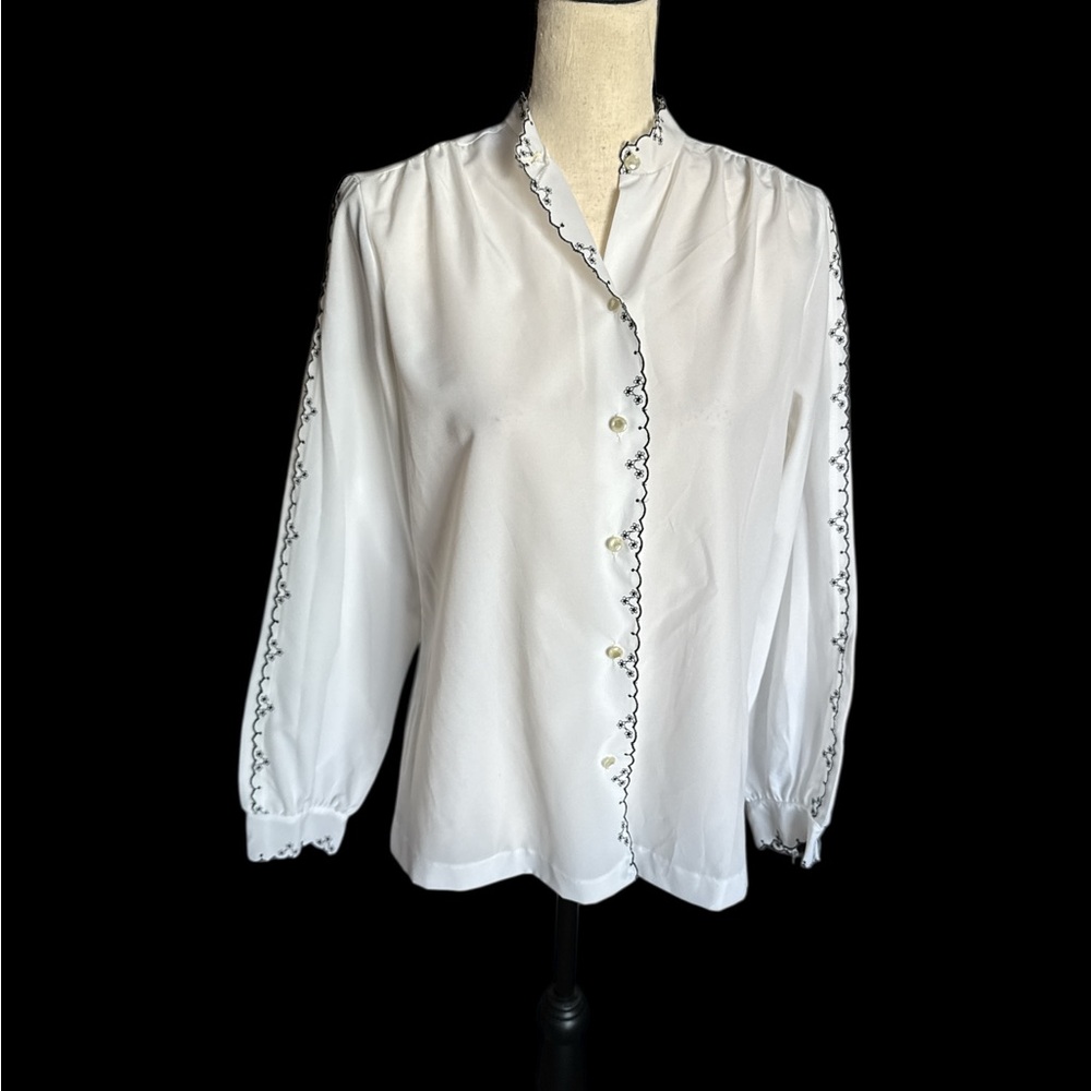 White Puff Sleeve Blouse with Ruffle Mandarin Collar